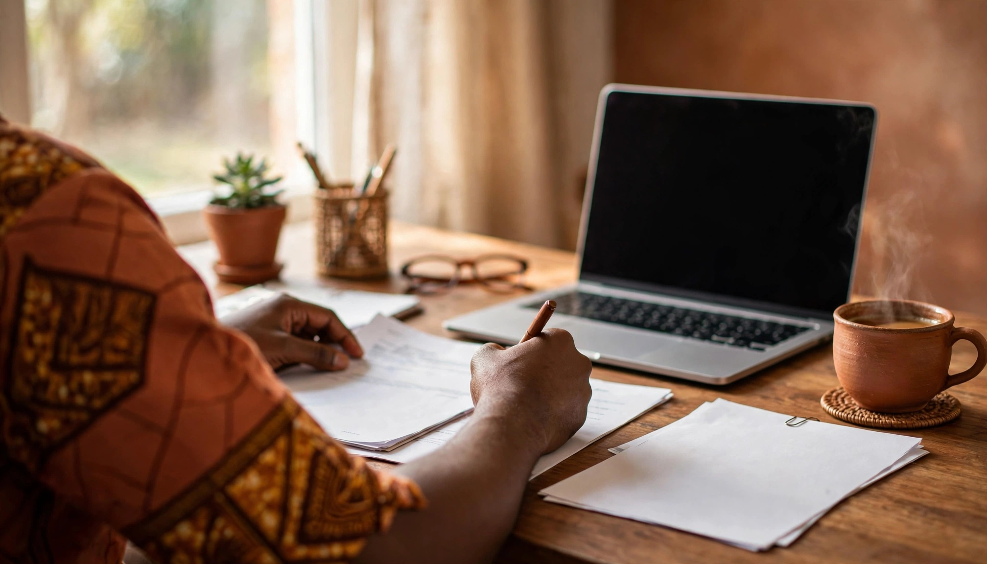 Nigerian professional working on laptop with charts